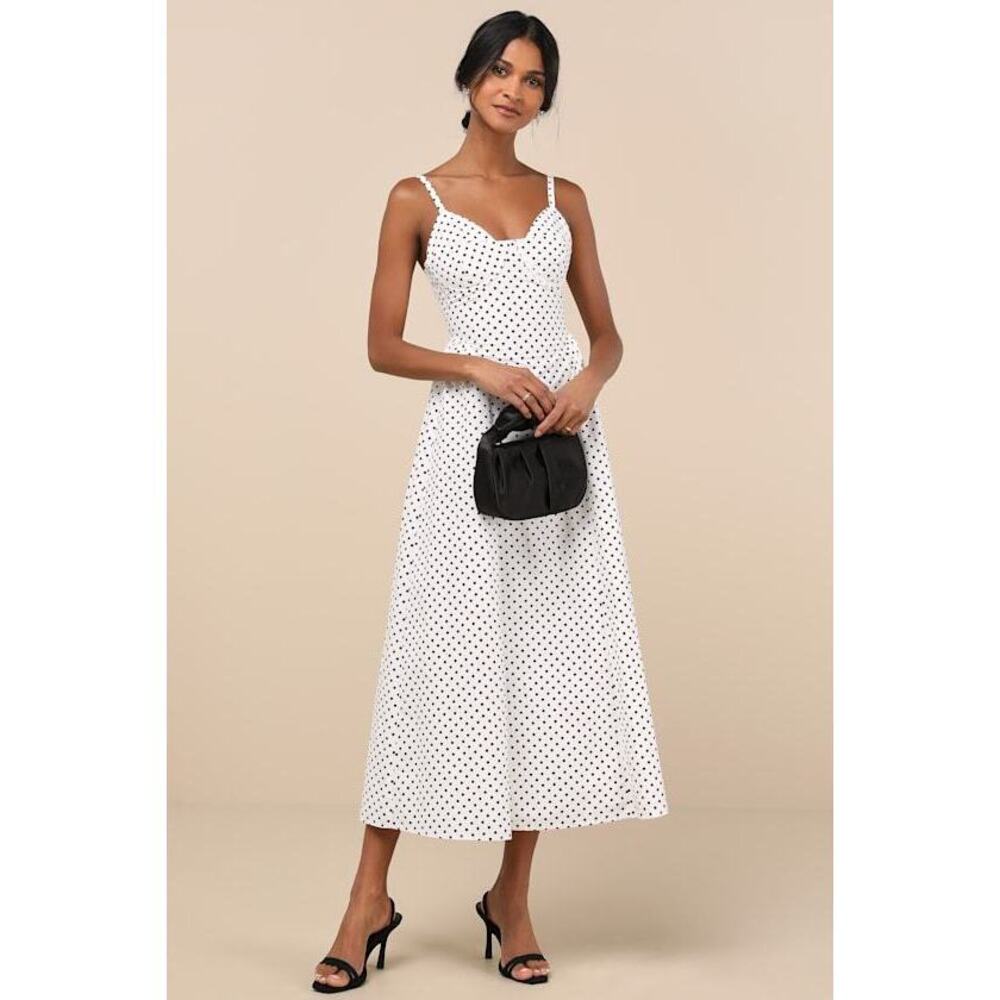 Lulus Veris White Polka Dot Bustier Midi Dress - Size S